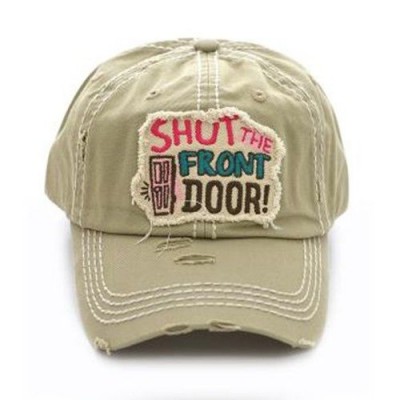 SHUT THE FRONT DOOR Khaki Factory Distressed Cap Ladies Hat Adjustable  eb-67738317